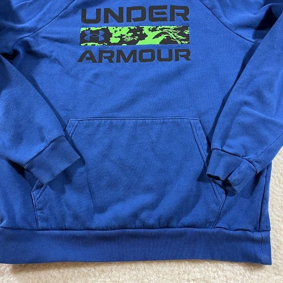 Under Armour Hoodie Rival Mens Medium Royal Blue Green Camo Logo Pullover - Picture 2 of 9